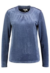Langarmshirt in Dunkelblau, mit strukturiertem Stoff im Karomuster und gerafftem Ausschnitt. Glattes, leichtes Material.