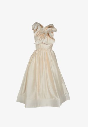 Kość słoniowa sukienka z dopasowanym gorsetem, dużymi falbaniastymi ramiączkami, marszczoną talią i rozkloszowanym dołem. Wykonana z gładkiego, lekkiego materiału.