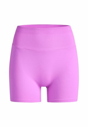 High-waisted seamless lilac athletic shorts with wide ribbed waistband and mid-thigh length, designed for women.