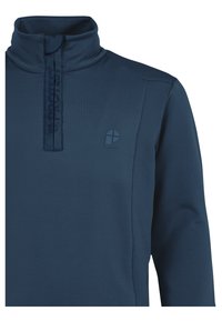 Pull bleu marine à manches longues avec demi-fermeture éclair et col montant, avec un logo discret sur la poitrine et une patte de fermeture éclair.