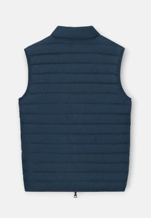 Chaleco sin mangas acolchado azul marino con costuras horizontales, cuello de pie y lengüeta de cremallera trasera en la parte inferior central.