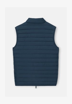 Chaleco sin mangas acolchado azul marino con costuras horizontales, cuello de pie y lengüeta de cremallera trasera en la parte inferior central.