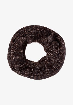 Écharpe infinie tricotée brun foncé avec des fils plus clairs subtils, disposée en boucle circulaire sur un fond blanc.