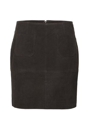 Black suede mini skirt with a fitted silhouette, featuring two back pockets and a rear zipper closure. The texture is smooth and soft.