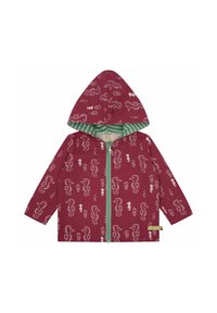 Kapuzejacke aus burgunderfarbenem Stoff mit weißen Seepferdchen-Drucken, grün gestreifter Fütterung und Vorderreißverschluss. Lange Ärmel und dekorative Akzente.