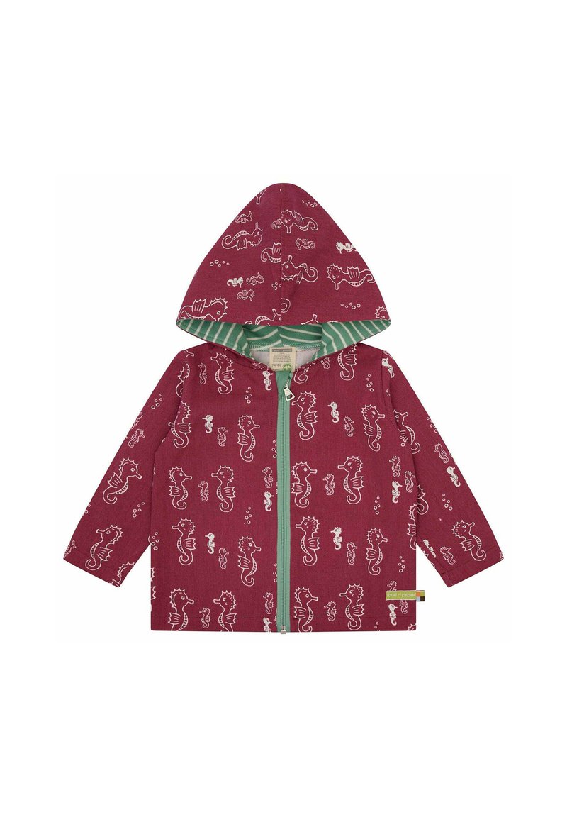 Kapuzejacke aus burgunderfarbenem Stoff mit weißen Seepferdchen-Drucken, grün gestreifter Fütterung und Vorderreißverschluss. Lange Ärmel und dekorative Akzente.