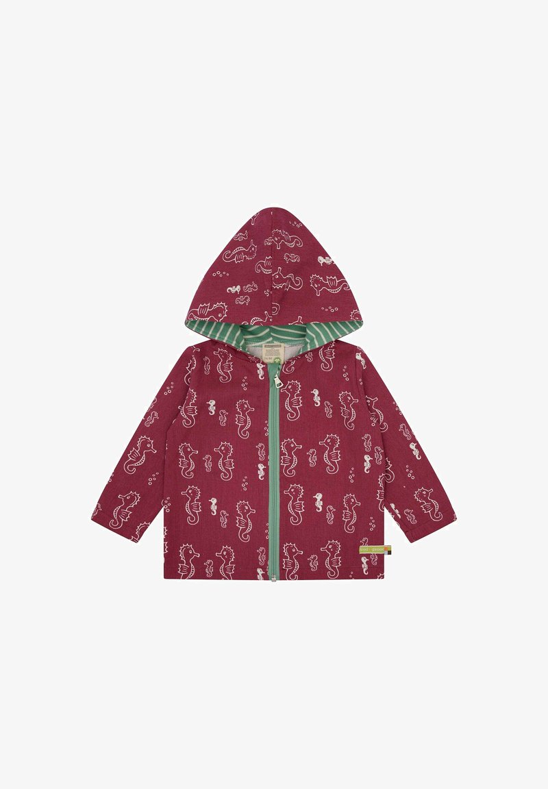 Kapuzejacke aus burgunderfarbenem Stoff mit weißen Seepferdchen-Drucken, grün gestreifter Fütterung und Vorderreißverschluss. Lange Ärmel und dekorative Akzente.
