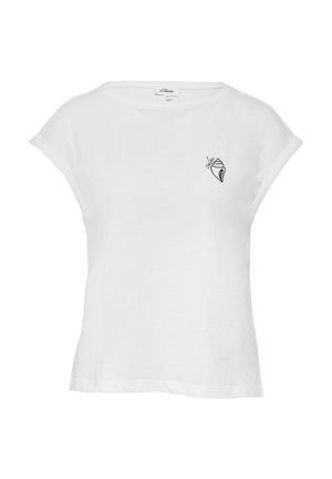 Weißes Baumwoll-T-Shirt mit rundem Halsausschnitt und kurzen Ärmeln, mit einem einfachen schwarzen Muschel-Graphic auf der linken Brustseite.