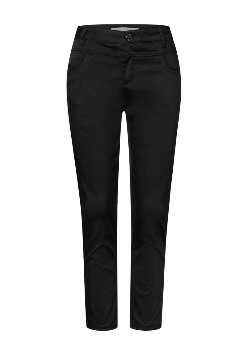 Schwarze Hose mit figurschmeichelndem Design, gefertigt aus einem glatten Material, ausgestattet mit Fronttaschen, einem Knopfverschluss und einer schmalen Silhouette.