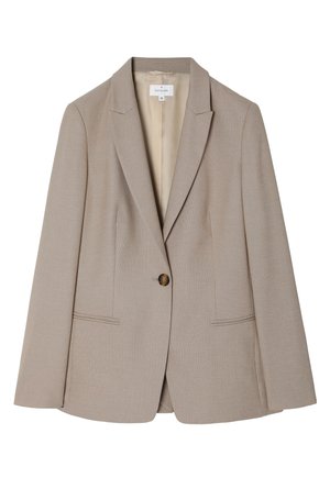 Blazer beige realizzato in tessuto testurizzato, con chiusura a un bottone, rever a punta e due tasche frontali. Interno foderato.