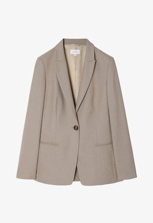 Béžový blazer vyrobený z textúrovaného materiálu, so zapínaním na jeden gombík, klopovými goliermi a dvoma prednými vreckami. Podšitá interiér.