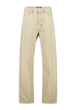 Beige straight-leg denim jeans with button and zipper closure, front and coin pockets, and belt loops.