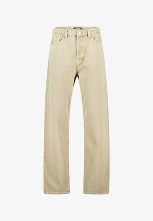 Beige gerade geschnittene Denim-Jeans mit Knopf- und Reißverschluss, Front- und Münzfach sowie Gürtelschlaufen.