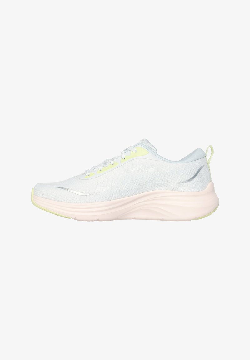 Light blue athletic shoe with a textured upper, white midsole, and green accents on the laces and heel tab. Features a rounded toe and flexible sole.