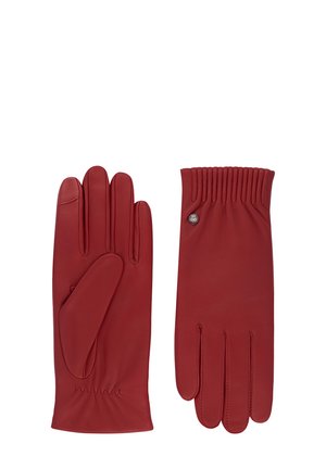 Rote Lederhandschuhe mit glatter Textur, Fünf-Finger-Design und gerafftem Handgelenkdetail. Mit einem kleinen metallischen Logoakzent am Bund.