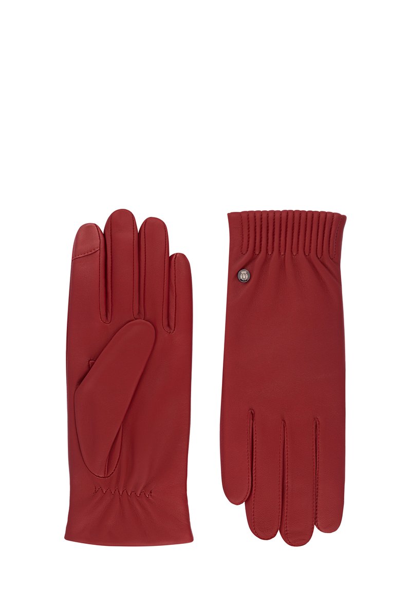 Red leather gloves with smooth texture, five-finger design, and gathered wrist detail. Features a small metal logo accent on the cuff.