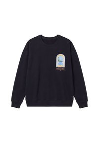 Sweat-shirt noir à col rond avec un petit graphique de fenêtre et le texte « Luxury Life » sur le côté gauche de la poitrine.