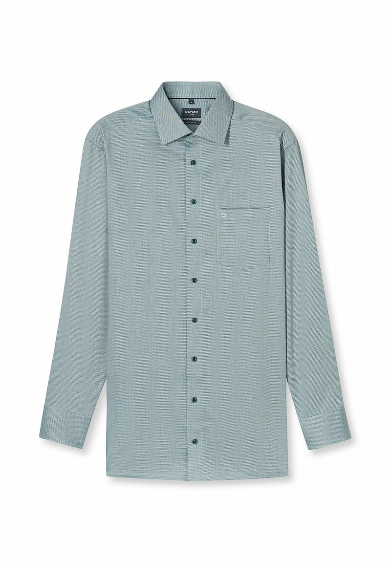 Herren Langarmhemd in Hellgrün mit Kragen und Brusttasche, flach auf einem weißen Hintergrund präsentiert.