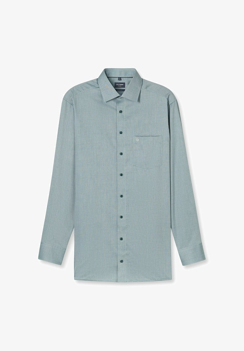 Herren Langarmhemd in Hellgrün mit Kragen und Brusttasche, flach auf einem weißen Hintergrund präsentiert.