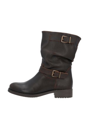 Braune Leder-Ankle Boots mit einem lockeren Design, ausgestattet mit zwei Schnallenriemen und einem niedrigen, strukturierten Gummihoch.