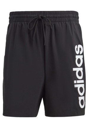 Czarne szorty sportowe z elastyczną talią i sznurkiem, z dużym białym pionowym logo „adidas” na lewej nodze.