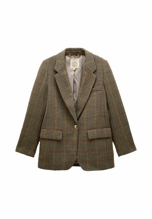 Brown and green houndstooth patterned blazer with notched lapels, single gold button closure, and two front flap pockets.