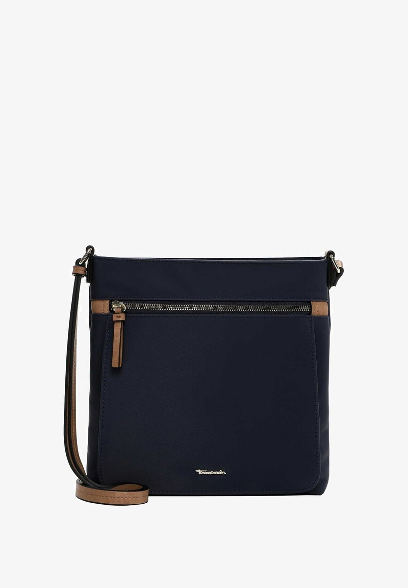 Borsa a tracolla blu navy realizzata in tessuto resistente, con una tasca anteriore con zip, dettagli in pelle marrone e una lunga tracolla regolabile.