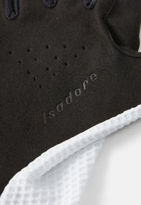 Gant de cyclisme noir avec un matériau perforé sur la paume, un poignet en maille blanche respirante et une marque en relief sur la surface.