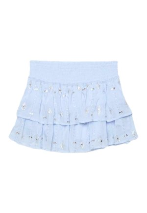 Lichtblauwe gelaagde rok met elastische tailleband, versierd met kleine zilveren pailletten in verticale en diamantpatronen.