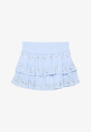 Lichtblauwe gelaagde rok met elastische tailleband, versierd met kleine zilveren pailletten in verticale en diamantpatronen.