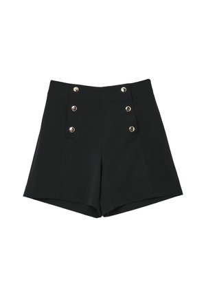 Black high-waisted shorts made of smooth fabric. Features two front pockets and silver button accents on the waistband.