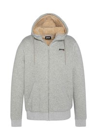 Sweat à capuche gris zippé avec intérieur doublé en sherpa, deux poches avant et capuche avec cordon de serrage. Présente un logo discret sur la poitrine.
