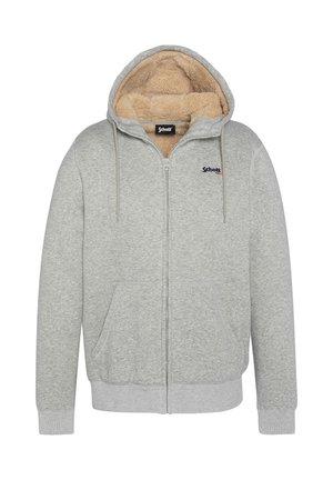 Grijze hoodie met ritssluiting, gevoerd met sherpa aan de binnenkant, twee steekzakken aan de voorkant en een capuchon met trekkoord. Voorzien van een subtiel logo op de borst.