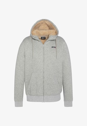 Grijze hoodie met ritssluiting, gevoerd met sherpa aan de binnenkant, twee steekzakken aan de voorkant en een capuchon met trekkoord. Voorzien van een subtiel logo op de borst.