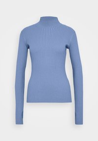 Rippiger, taillierter Rollkragenpullover in sanftem Blau. Lange Ärmel mit Daumenlöchern, strukturierter Strickstoff und hoher Kragen für wärmenden Schutz.