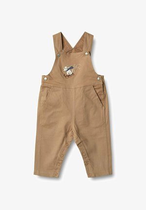 Salopette di cotone marrone con spalline regolabili, dotata di un ricamo di un cane su una slitta, tasche laterali e chiusure a scatto sul fondo.