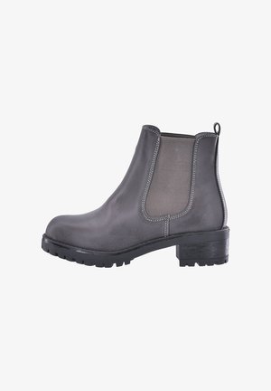 Graue Leder-Ankle-Boots mit elastischen Seiteneinsätzen, runder Fußspitze und dicker Gummisohle. Verfügt über kontrastierende Nähte und eine Zuglasche.
