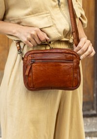 Brown leather crossbody bag with smooth texture, zippered compartments, and adjustable strap, being held against a neutral outfit.