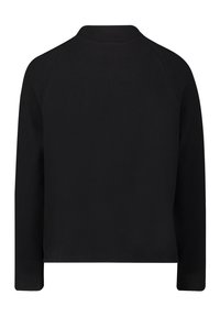 Veste noire à manches longues avec un col montant, vue de dos, avec un design simple et lisse sans motifs ni logos visibles.