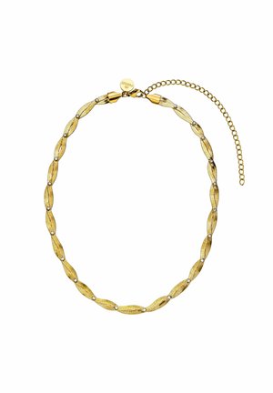 Goudkleurige ketting met elkaar verbonden, getextureerde ovale schakels met op intervallen kleine heldere stenen, afgewerkt met een sluiting en een verstelbare ketting.