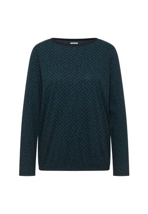 Tumma petroolinsininen pitkähihainen paita, jossa on pieni geometrinen kuvio vaaleammassa petroolin sävyssä, pyöreä kaula-aukko ja suora helma.