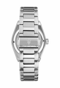 Silverfärgad armbandsur i rostfritt stål med oktagonal klockkåpa, länkarmband och en polerad lås som har Maserati-logotypen.