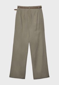 High-waisted wide-leg beige trousers with a brown belt, displayed flat on a neutral background.