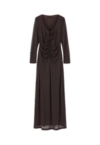 Langes braunes Kleid mit V-Ausschnitt, gerafften Details vorne und langen transparenten Ärmeln. Glatter, leichter Stoff, bodenlanger Schnitt.