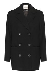 Cappotto doppio petto nero, realizzato in lana, con grandi bottoni frontali, colletto a revers e tasche laterali con una texture liscia.