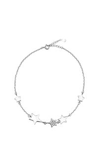 Collana a forma di stella in argento con stelle di diverse dimensioni, una decorata con strass trasparenti, su una delicata catena a maglie. Chiusura regolabile.