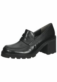 Černé kožené lodičky na vysokém podpatku s širokým, masivním podpatkem, prošívanými detaily a ozdobným páskem přes nárt.