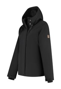 Zwarte winterjas met capuchon, voorzijde met rits, drukknoopsluitingen, verstelbare manchetten en een logopatch op de bovenste linkermouw.