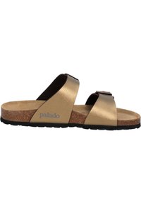Sandali slide in pelle dorata con due cinturini larghi, soletta in sughero, suola in gomma nera e un piccolo logo laterale. Progettati per il comfort.