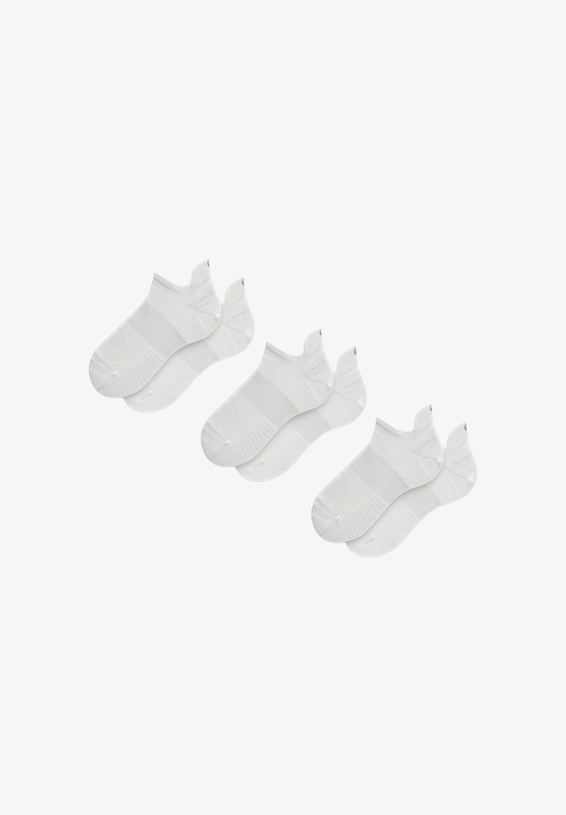 Calcetines blancos hasta el tobillo, con una textura acanalada y puño elástico, organizados en pares con un diseño de punta sin costuras. Material suave.